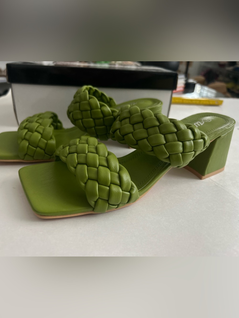 Olive Braided Block Heel Slide Sandals